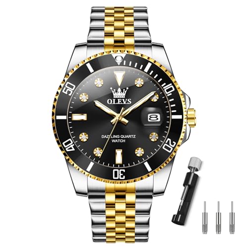 OLEVS メンズ 単向回転式ベゼル ゴールドシルバー 人気 防水 腕時計 黒とけい アナログクオーツ ビジネス うて時計 メンズ ブラックおしゃれ ステンレス 男性用腕時 計 日付 シンプル 大きい文字盤 紳士腕時 計 ファッションウォッチプレゼントJam Tangan Pria